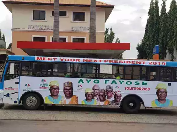 "Meet Your Next President 2019": Fayose Presidential Campaign Buses Spotted In Abuja